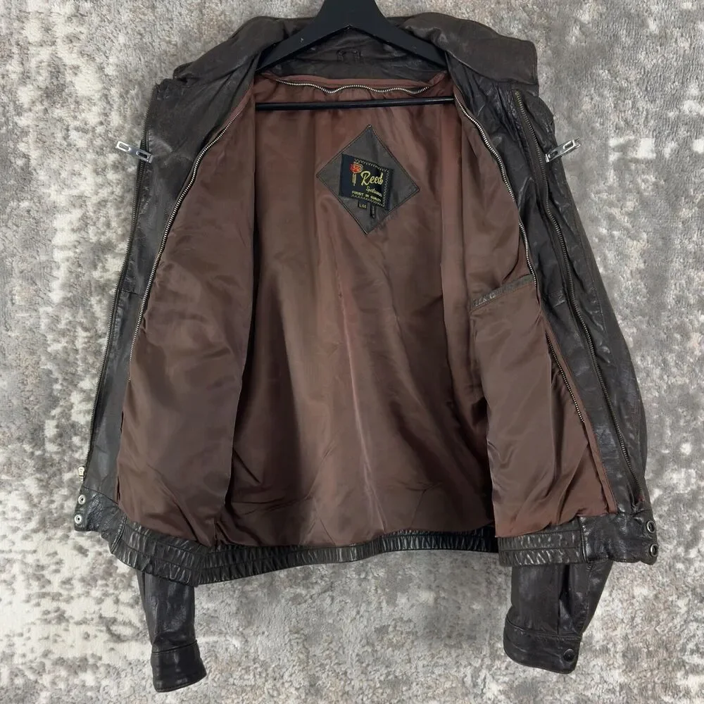 Reed Sportswear Men Size L44 Genuine Leather Moto Jacket Zip Brown Biker Outdoor